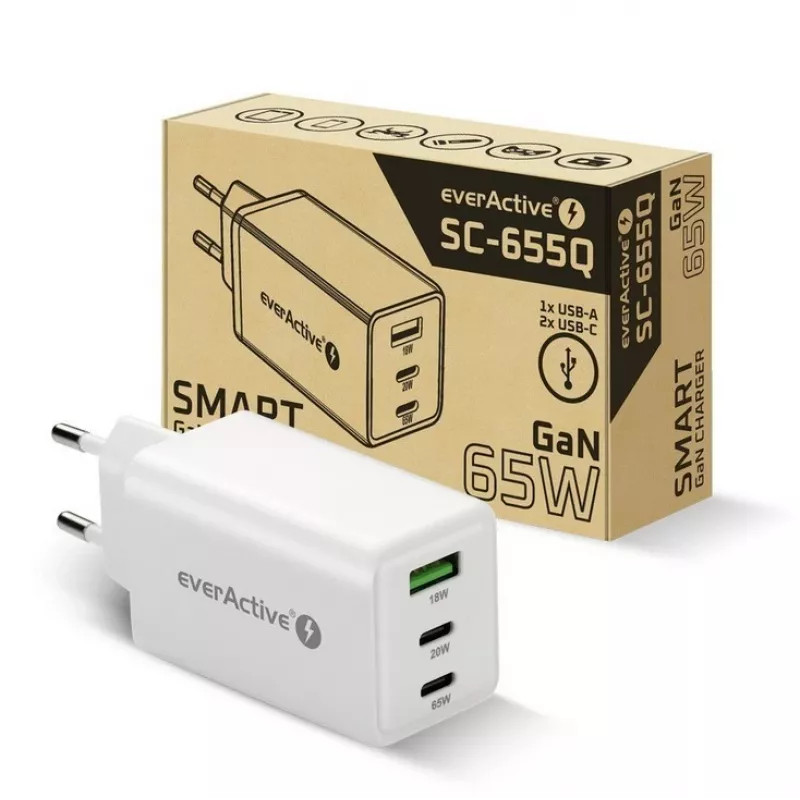 Caricabatterie everActive SQ-655Q 65W, 1×USB-A + 2×USB-C ricarica rapida
