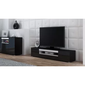 Mobile TV Cama Meble VIVA 180 — 1800×400×370 mm, piano superiore nero (truciolare), struttura nera, dettagli bianchi