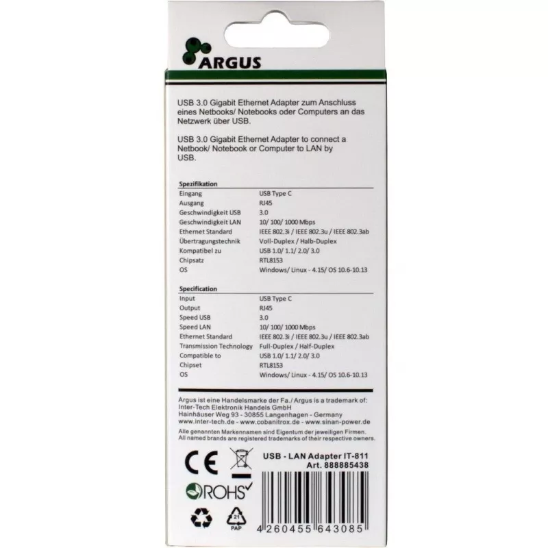 Inter-Tech Argus IT-811 - adattatore di rete - USB-C - Gigabit Ethernet - nero (88885438)