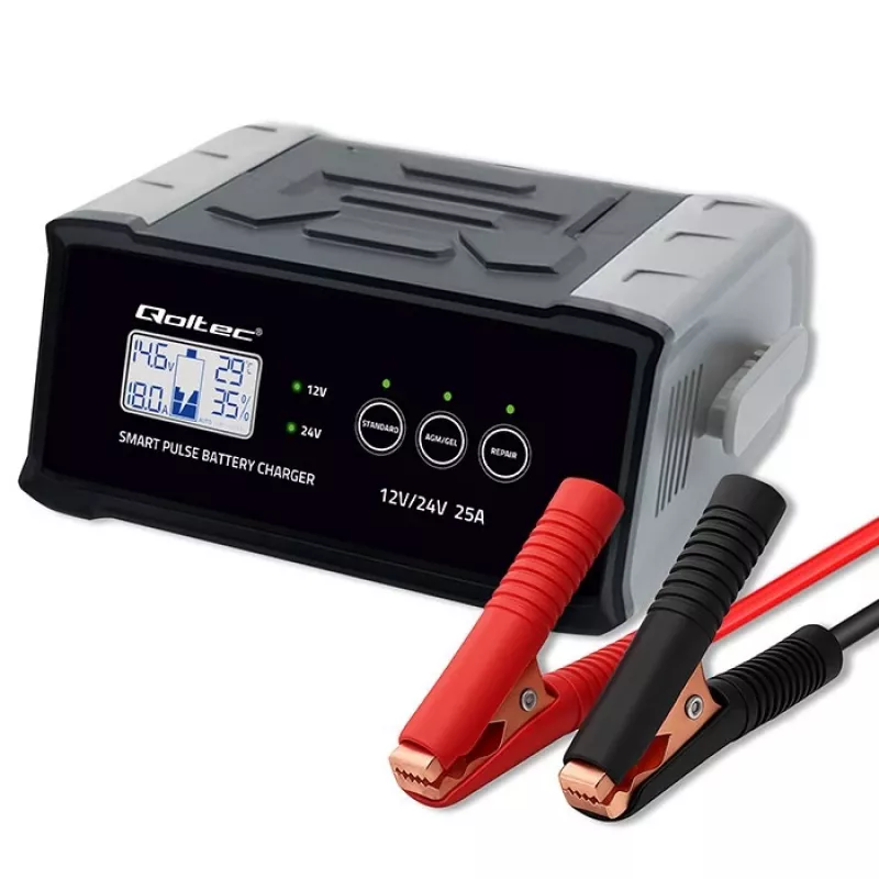 Caricabatterie QOLTEC 52514 — 12V/24V, 25A, per batterie AGM/GEL/SLA con display LCD
