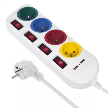 Ciabatta MACLEAN MCE229W — 4 prese, 2× USB, cavo 1,5 m, Type F, 10 A, bianco