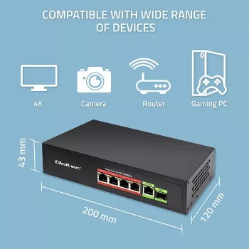 Switch Ethernet PoE QOLTEC 52296 — 4x porte RJ45 PoE, 1x RJ45 uplink