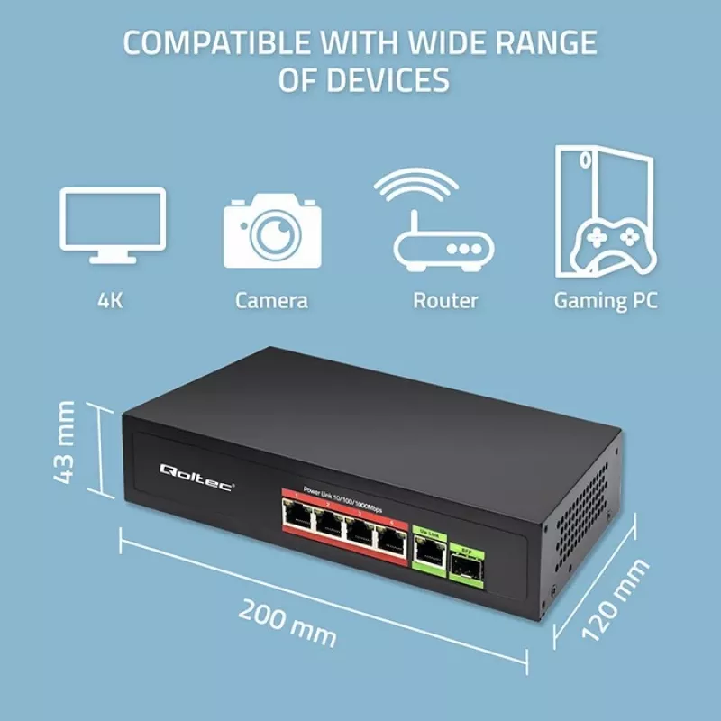 Switch Ethernet PoE QOLTEC 52296 — 4x porte RJ45 PoE, 1x RJ45 uplink