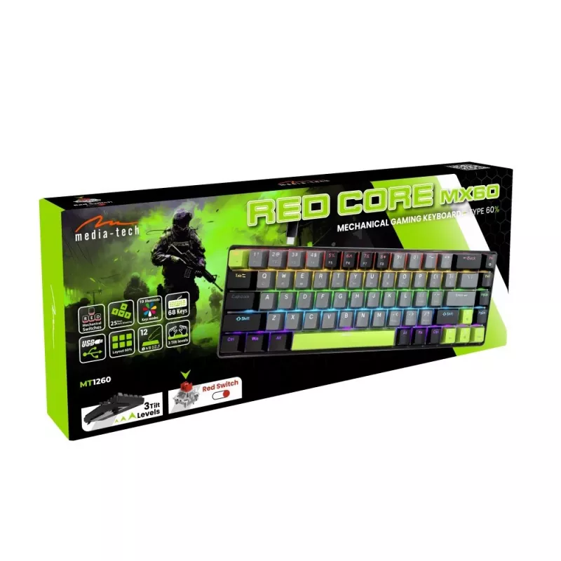 Tastiera meccanica MEDIA-TECH MT1260 Red Core MX60, formato 60%, switch CHERRY MX Red, illuminazione RGB, USB, verde