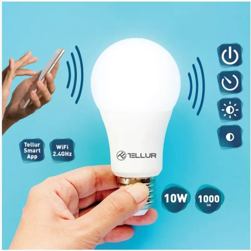 Tellur WiFi lampadina smart E27, 10W bianco/caldo, dimmer