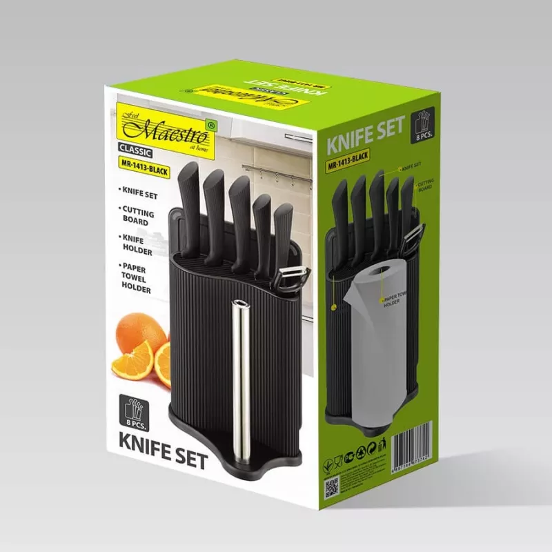 Set blocco coltelli e posate Maestro MR-1413 – nero, 8 pezzi, lame in acciaio inox con supporto, portarotolo