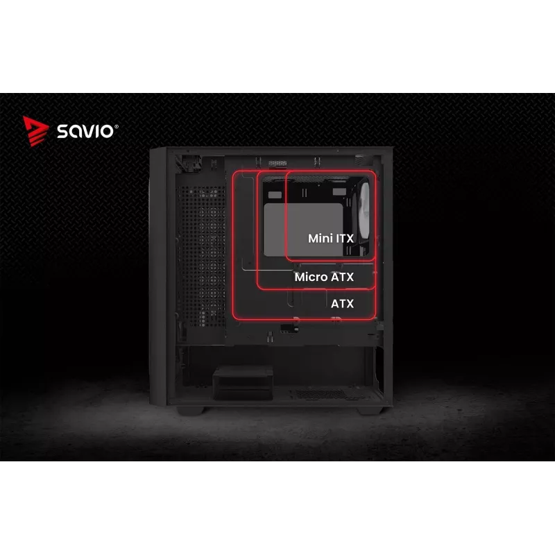 Case PC SAVIO Noctis Flow RGB — Cube, ATX/Mini-ITX, 3x ventole frontali da 120 mm, pannello laterale in vetro temperato, GPU max 35 cm