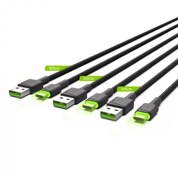Green Cell Ray KABGCSET02 set di cavi da USB-A a USB-C (3 pz.), 1,2 m, 480 Mbps, retroilluminazione LED verde