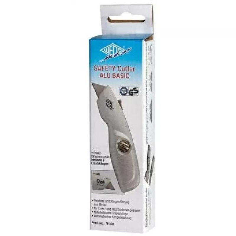 WEDO 78808 Safety-Cutter ALU taglierino, lama trapezoidale, a molla, a ritorno automatico, 2 lame di ricambio, TÜV/GS, argento