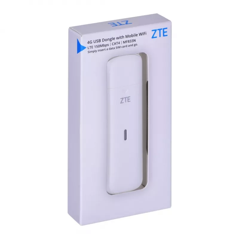 Modem USB mobile ZTE MF833N, formato USB portatile, 4G LTE-FDD/TDD fino a 150 Mbit/s, supporto HSUPA/2G, slot microSD, bianco