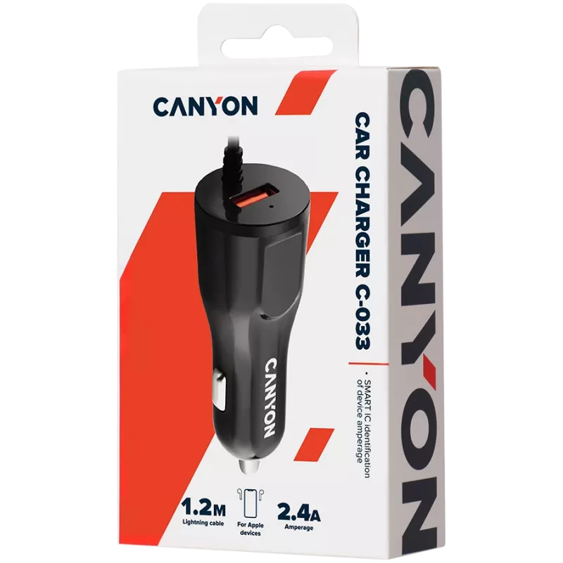 CANYON Caricabatterie auto C-033 2,4A/USB-A con connettore Lightning integrato nero