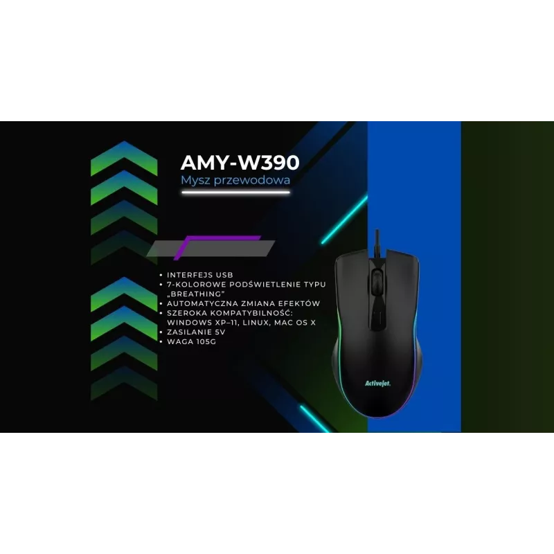 Mouse da gaming cablato riscaldato ActiveJet AMY-W390 — ambidestro, ottico 2000 DPI, USB Type-A, 4 tasti, nero