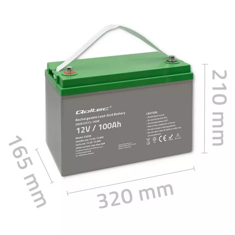 Qoltec 53038 batteria AGM | 12V | 100Ah | max 1200A