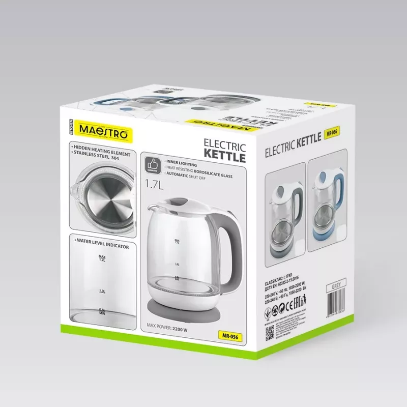 Bollitore elettrico in vetro Maestro MR-056-Grigio 1,7 L 2200 W