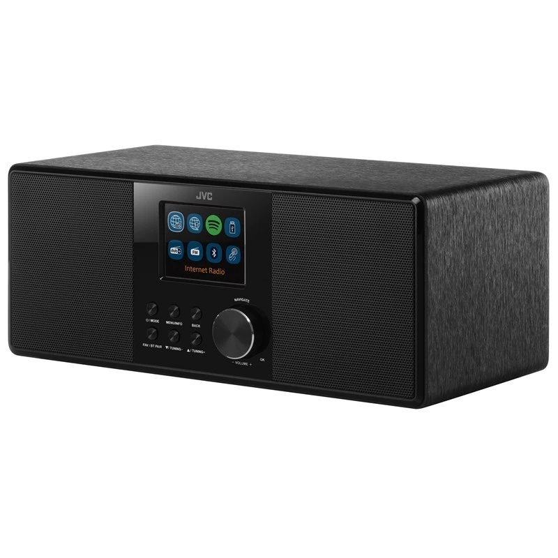 Radio internet JVC RA-E981B — streaming Wi‑Fi e Bluetooth, DAB+, FM, 2x5W, 40 stazioni memorizzabili, USB, AUX, display LCD