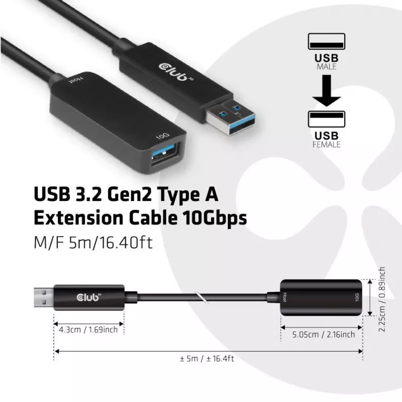 CLUB3D cavo prolunga USB 3.2 Gen2 Type-A 10 Gbit/s M/F 5 m