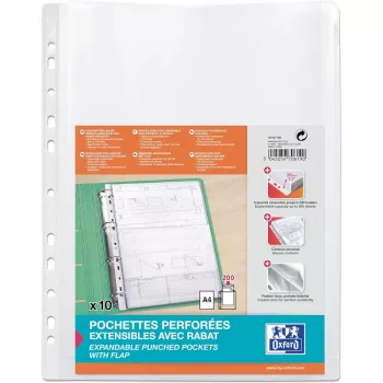 Custodia forata espandibile ELBA, A4, PP, 0,2 mm cristallo trasparente, aperta in alto, con grande patta di chiusura (M670619)