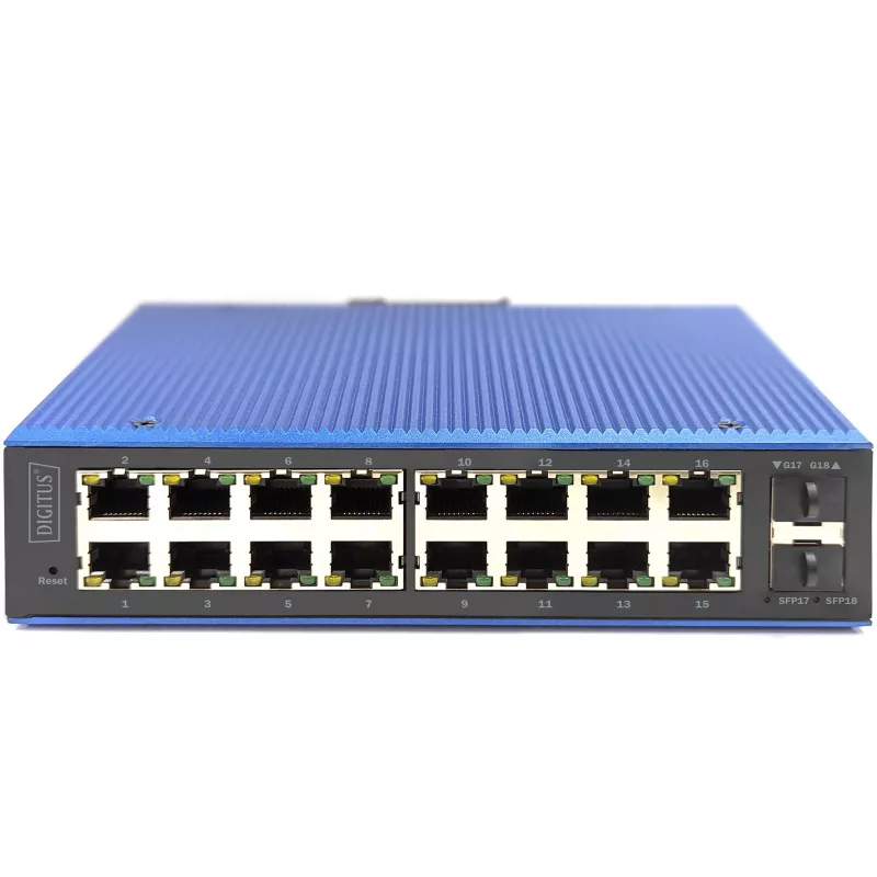 DIGITUS Switch Ethernet Gigabit gestito L2 industriale 16x RJ-45 + 2x SFP, 12–48V DC, 8000 MAC