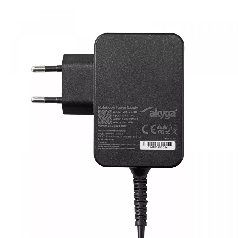 Alimentatore per notebook USB-C GaN Akyga AK-ND-80 45 W, PD 3.0, 5–20 V, cavo 1,8 m, nero