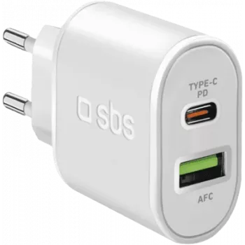SBS - alimentatore - 20 Watt - 3 A - ricarica rapida, PD - 2 porte di uscita (USB, USB-C 24 pin) - bianco - Europa (TETRPD20W)