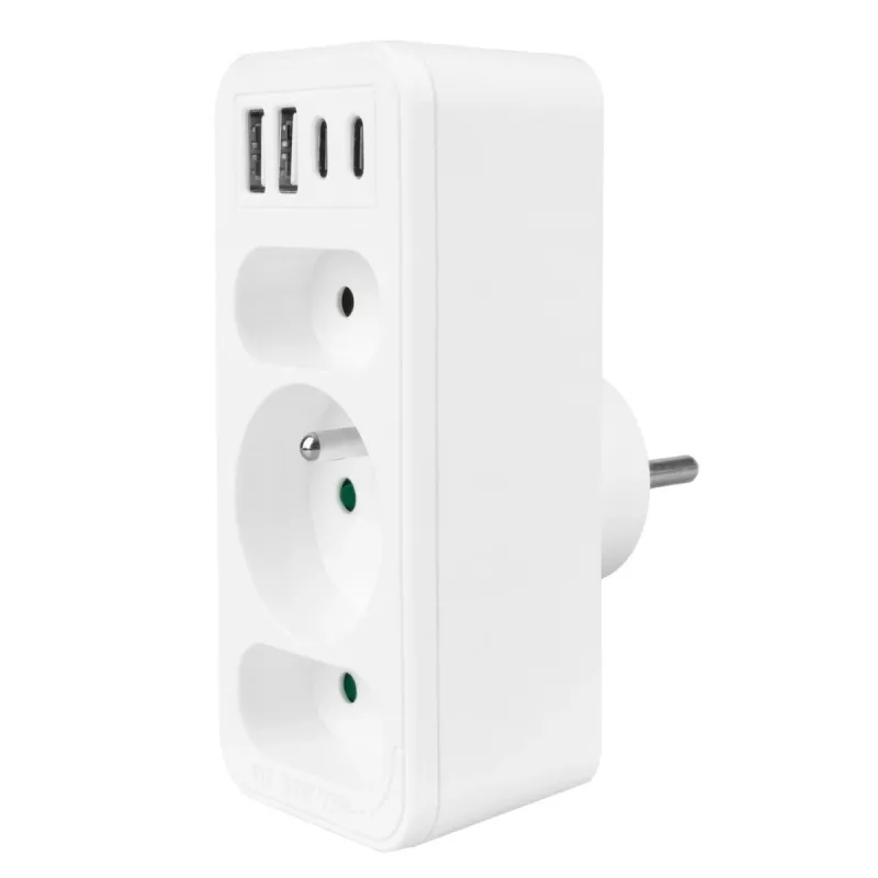 Power splitter MACLEAN MCE248 F/W — 3 prese AC (1×16A, 2×6A) + 4×USB (2×A, 2×C PD 20W), spina EU, bianco