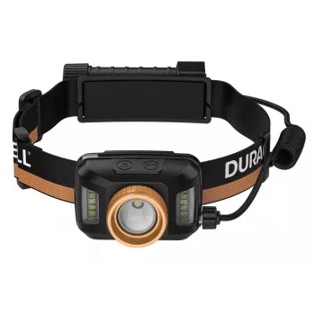 Torcia frontale Duracell DH1500R — nera/arancione, illuminazione ricaricabile a mani libere