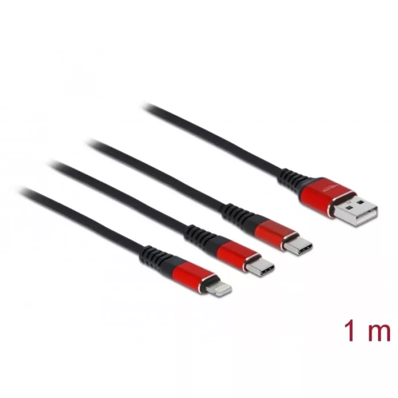 Cavo di ricarica USB DeLOCK 3 in 1 Type-A a Lightning / 2 x USB Type-C 1 m nero / rosso