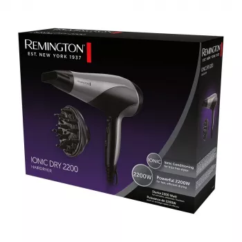 Asciugacapelli Remington D3190S — 2200 W, ionico, 3 livelli di calore, 2 velocità, getto freddo, diffusore e concentratore (argento/nero)