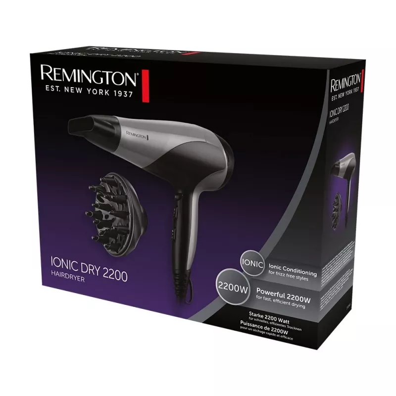 Asciugacapelli Remington D3190S — 2200 W, ionico, 3 livelli di calore, 2 velocità, getto freddo, diffusore e concentratore (argento/nero)