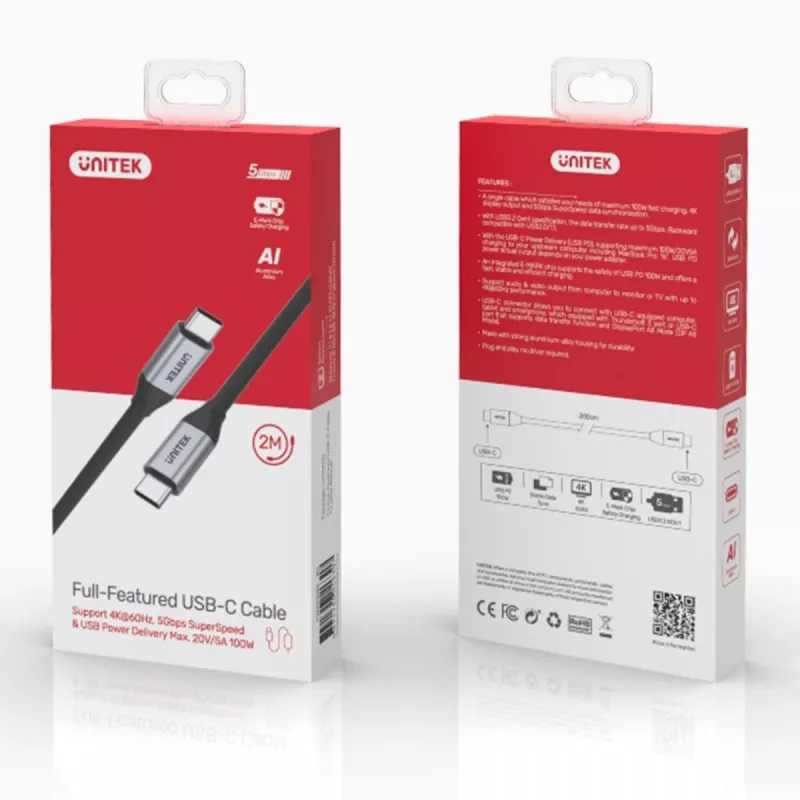 UNITEK C14091ABK cavo USB USB 3.2 Gen 2 2m USB-C nero
