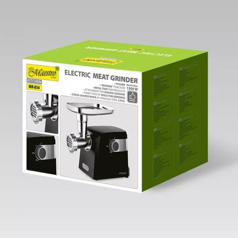 Tritacarne elettrico Maestro MR-854, 1500 W, 2 velocità, 3 dischi forati, accessorio salsiccia, nero