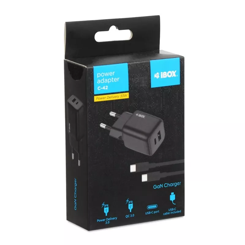 Alimentatore esterno IBOX ILUC42B 12 V 2 A, 33 W, USB-A + USB-C PD3.0, QuickCharge 3.0, universale