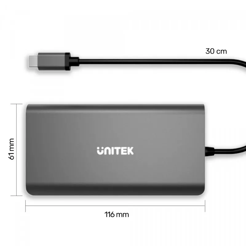UNITEK uHUB O8+ hub USB 3.2 Gen 1 Type-C con filo, grigio, 100W Power Delivery