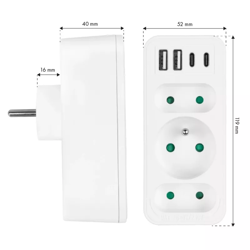 Power splitter MACLEAN MCE248 F/W — 3 prese AC (1×16A, 2×6A) + 4×USB (2×A, 2×C PD 20W), spina EU, bianco