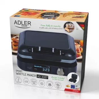 Macchina per waffle Adler AD 3087 — macchina per waffle belga elettrica, 2200 W, 2 piastre rettangolari 9×17 cm, nero