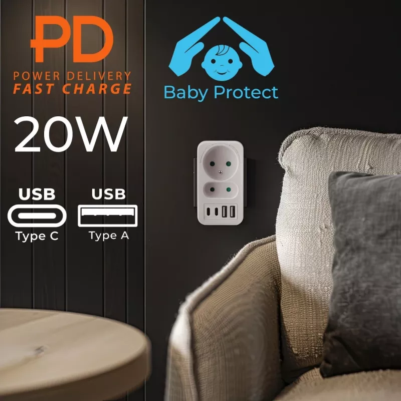 Power splitter MACLEAN MCE249 F/W – 2 prese di rete (16A + 6A) e 4 USB (2x A, 2x C PD 20W)