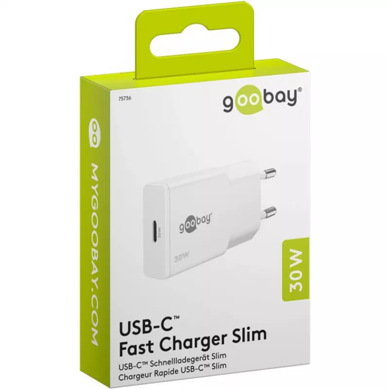 Caricabatterie rapido sottile USB-C PD GaN (30 W) (bianco)