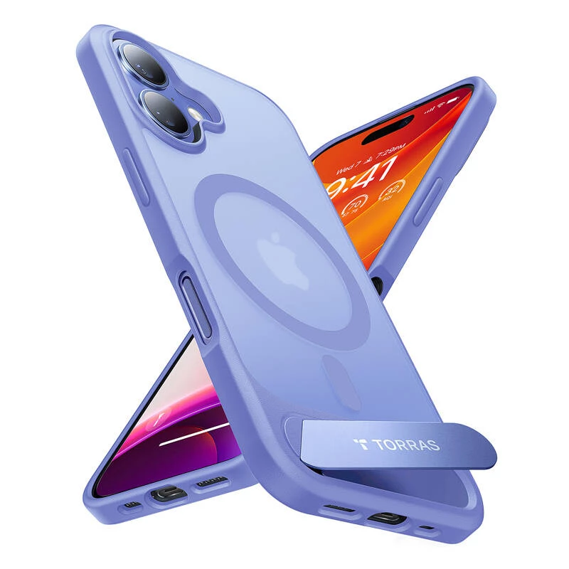 Custodia Torras Pstand Series per iPhone 16 — blu, slim fit con supporto integrato
