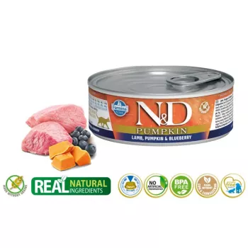 Cibo umido per gatti Farmina N&D Zucca Agnello con mirtillo bustina 70 g — ricetta senza cereali per gatti adulti