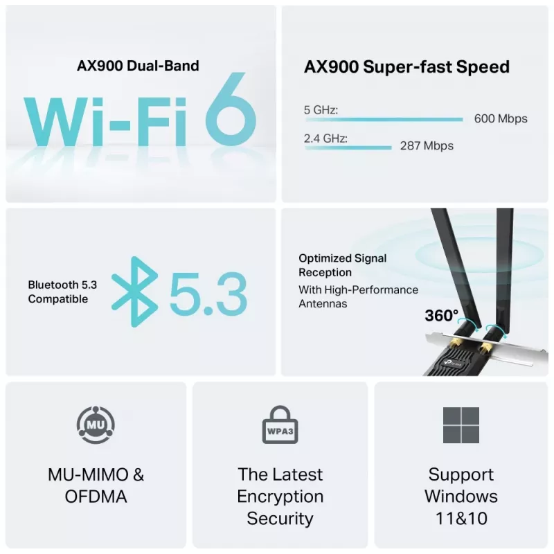 Adattatore PCIe Wi‑Fi 6 Bluetooth TP‑LINK Archer TX10E AX900 — scheda PCIe, AX900 Wi‑Fi 6, Bluetooth