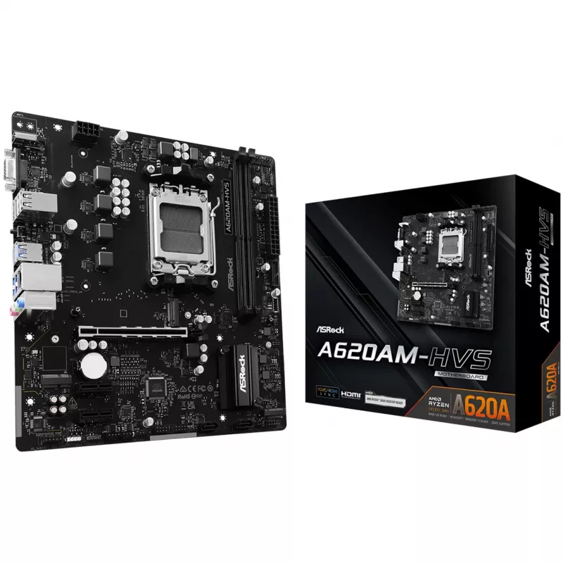 Scheda madre ASRock A620AM-HVS Micro ATX — chipset AMD A620A, socket AM5, DDR5, 2 DIMM, fino a 128 GB, HDMI 2.1, M.2 2280