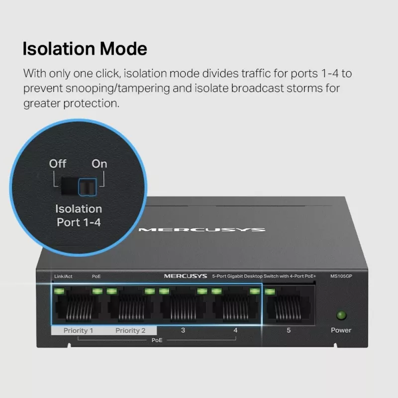 Mercusys switch desktop 5 porte Gigabit con 4 porte PoE+