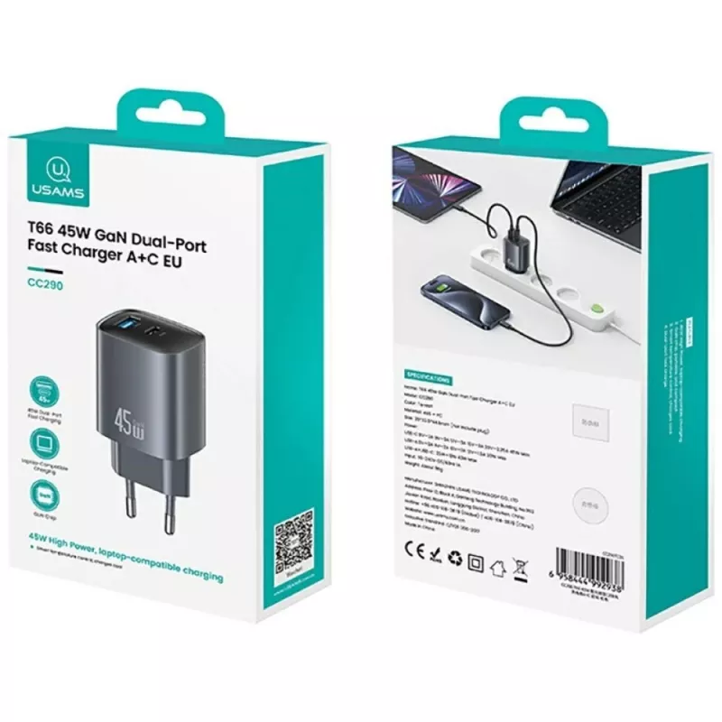 Caricabatterie T66 45W CC290 GaN ricarica rapida argento