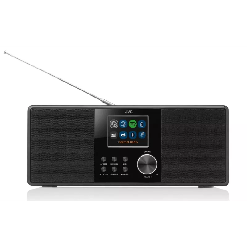 Radio internet JVC RA-E981B — streaming Wi‑Fi e Bluetooth, DAB+, FM, 2x5W, 40 stazioni memorizzabili, USB, AUX, display LCD