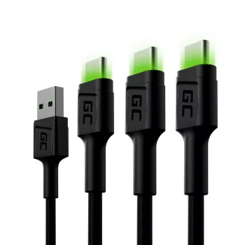 Green Cell Ray KABGCSET02 set di cavi da USB-A a USB-C (3 pz.), 1,2 m, 480 Mbps, retroilluminazione LED verde