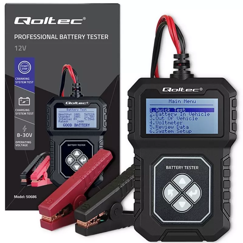 Tester batteria digitale Qoltec con LCD | Menu polacco | 12V | AGM | GEL | STD | 30-220AH