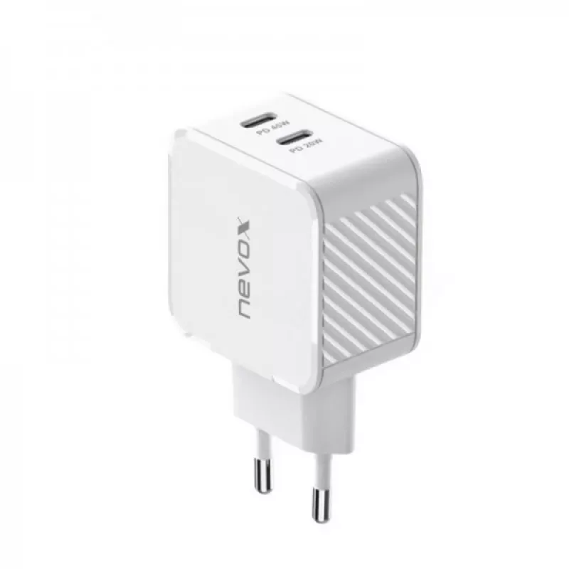 Caricabatterie GaN Nevox 45W Dual USB-C Power Delivery, bianco, modello 2569