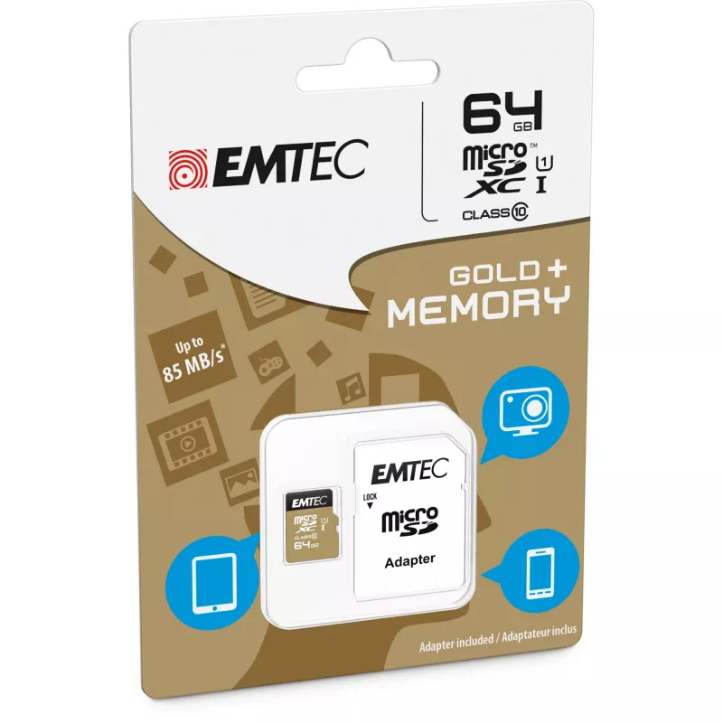 EMTEC Gold+ - scheda di memoria flash (adattatore SD incluso) - 64 GB - Class 10 - microSD - oro (ECMSDM64GXC10GP)