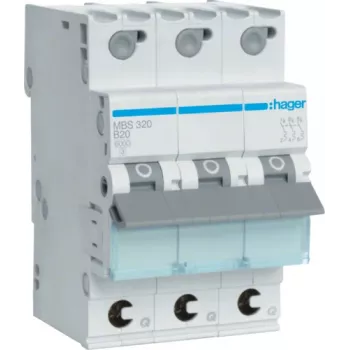 Hager MBS320. Corrente nominale: 20 A. Tipo: curva B, numero moduli (max): 3 moduli. Larghezza: 52,5 mm, profondità: 70 mm, altezza: 83,4 mm (MBS320)