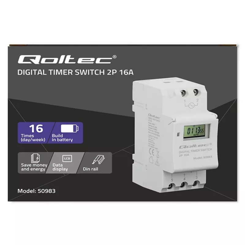 Timer elettronico per guida DIN QOLTEC 50983, a batteria, per circuiti di automazione